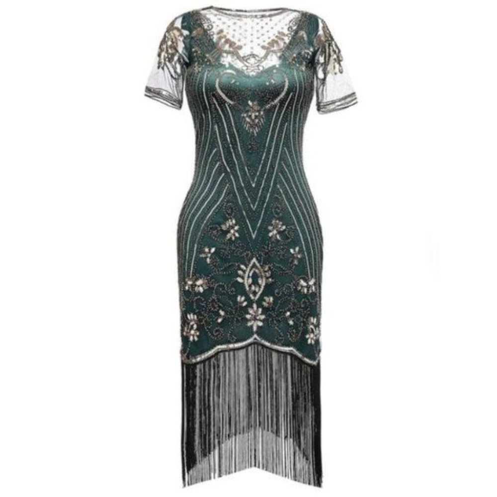 1920S Flapper Dress Fringe Sequin Beaded Green